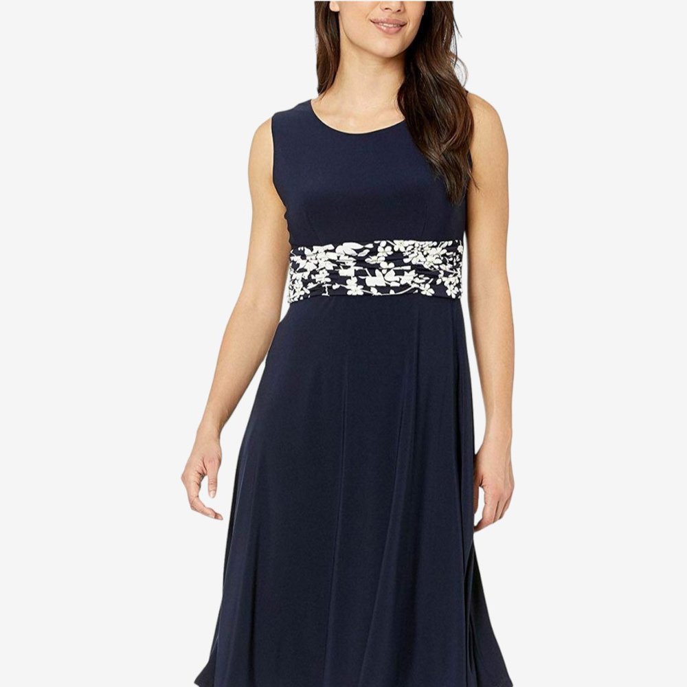 Jessica Howard Navy Blue Ruched Waist Jersey Knit Sleeveless Midi Dress